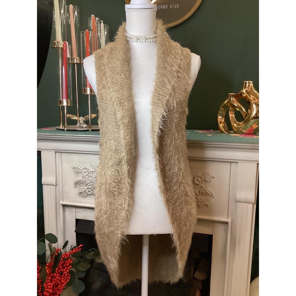 Sonny Taylor‎ Fuzzy Knit Long Vest Women Sz L Beige Open Front Shaggy Cardigan